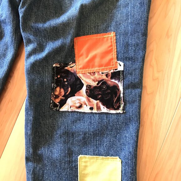 Children's Pants, Size 10 Husky: Upcycled Puppies Baseball Theme Patchwork Jeans - Picture 11 of 16